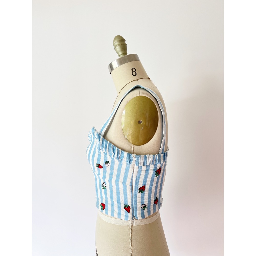 Maeve Anthropologie Bustier Top Blue White Striped Strawberry Embroidered 2 - Picture 3 of 9